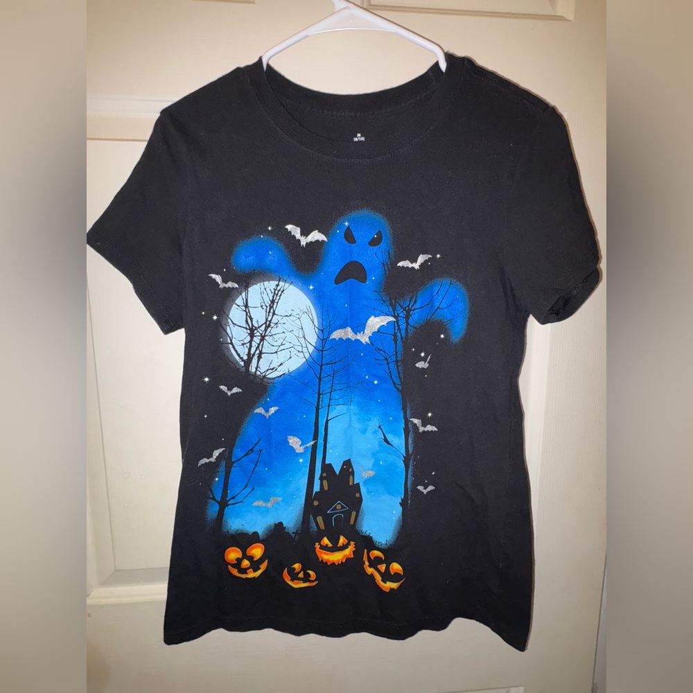 Black T-Shirt with Blue Ghost and Halloween Design